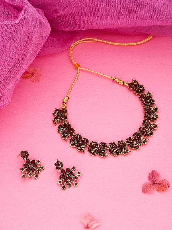 Tehzeeb Creations Luxurious Gold Polished Maroon Colour Diamond Choker Necklace Set With Matching Earrings - Swadesiicart