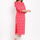 HERE&NOW Pink Mandarin Collar Ethnic Motifs Printed Pure Cotton Kurta - Swadesiicart