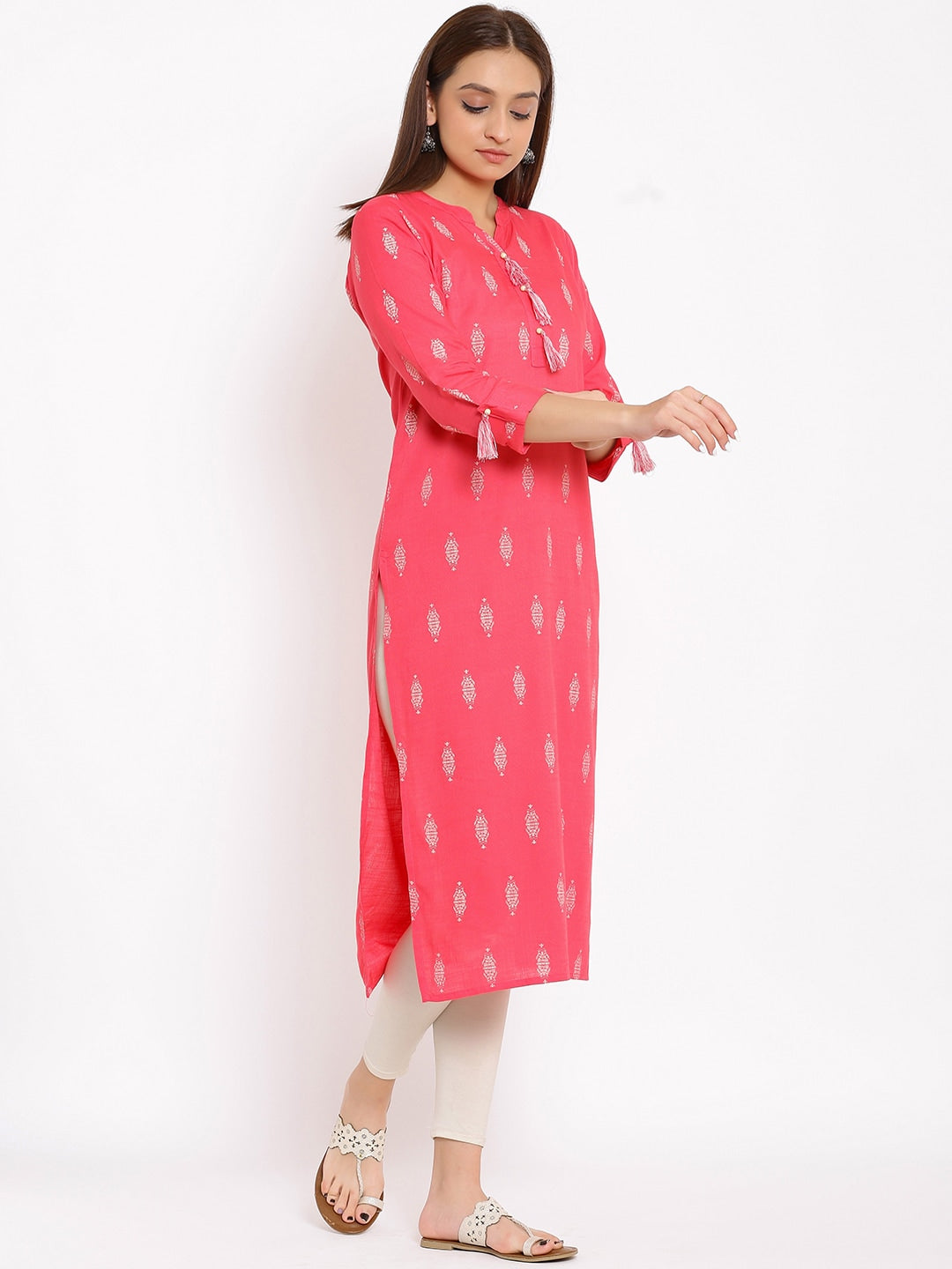 HERE&NOW Pink Mandarin Collar Ethnic Motifs Printed Pure Cotton Kurta - Swadesiicart