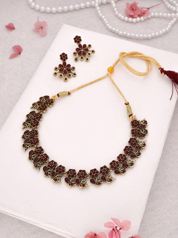 Tehzeeb Creations Luxurious Gold Polished Maroon Colour Diamond Choker Necklace Set With Matching Earrings - Swadesiicart