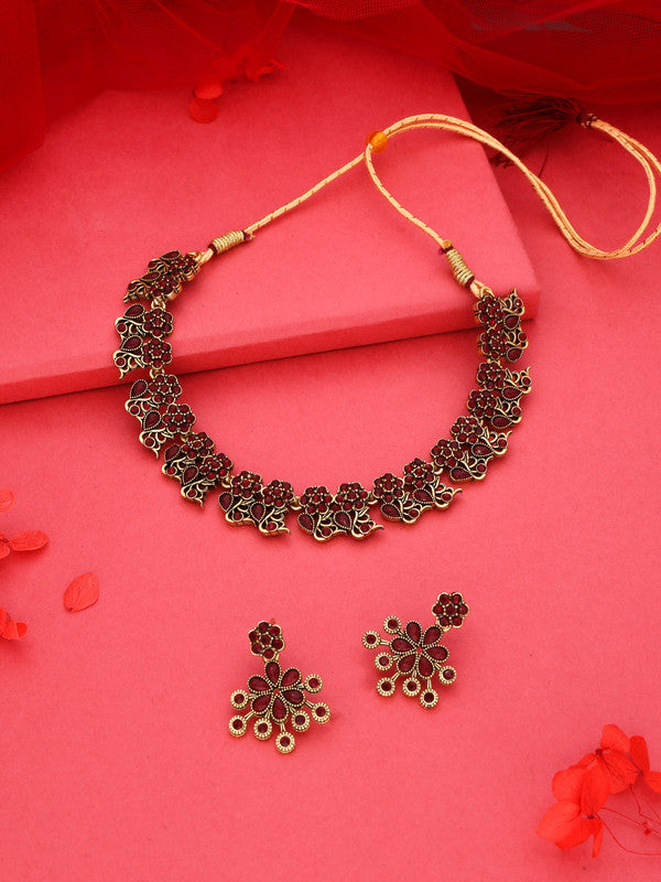 Tehzeeb Creations Luxurious Gold Polished Maroon Colour Diamond Choker Necklace Set With Matching Earrings - Swadesiicart