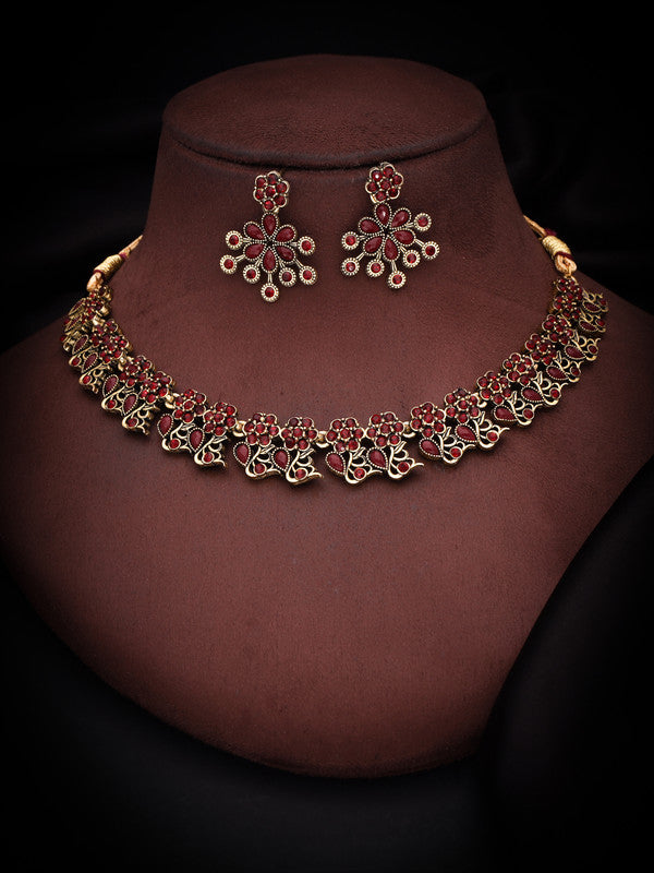 Tehzeeb Creations Luxurious Gold Polished Maroon Colour Diamond Choker Necklace Set With Matching Earrings - Swadesiicart