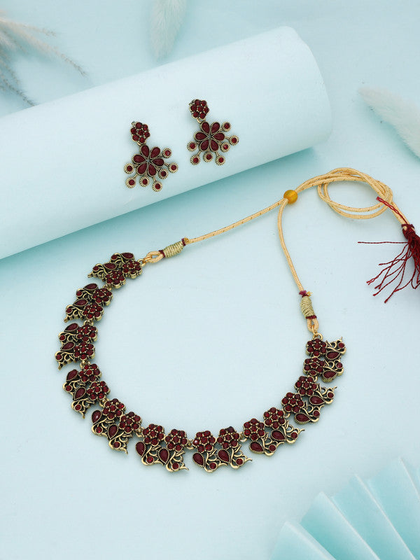 Tehzeeb Creations Luxurious Gold Polished Maroon Colour Diamond Choker Necklace Set With Matching Earrings - Swadesiicart