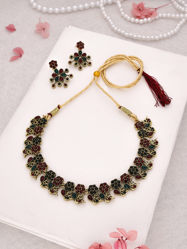 Tehzeeb Creations Luxurious Gold Polished Maroon & Green Colour Diamond Choker Necklace Set With Matching Earrings - Swadesiicart