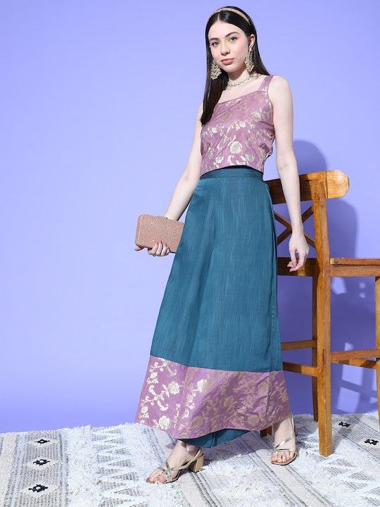 InWeave Women's Mauve Brocade Strappy Top W Teal Mauve Brocade Palazzo Set - Swadesiicart