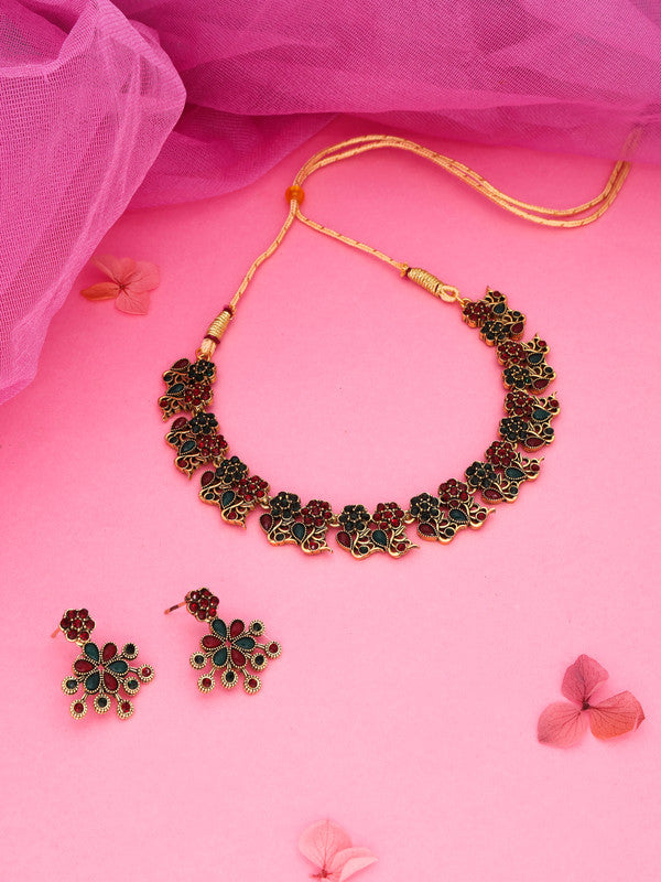 Tehzeeb Creations Luxurious Gold Polished Maroon & Green Colour Diamond Choker Necklace Set With Matching Earrings - Swadesiicart