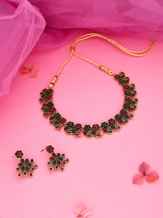 Tehzeeb Creations Luxurious Gold Polished Maroon & Green Colour Diamond Choker Necklace Set With Matching Earrings - Swadesiicart
