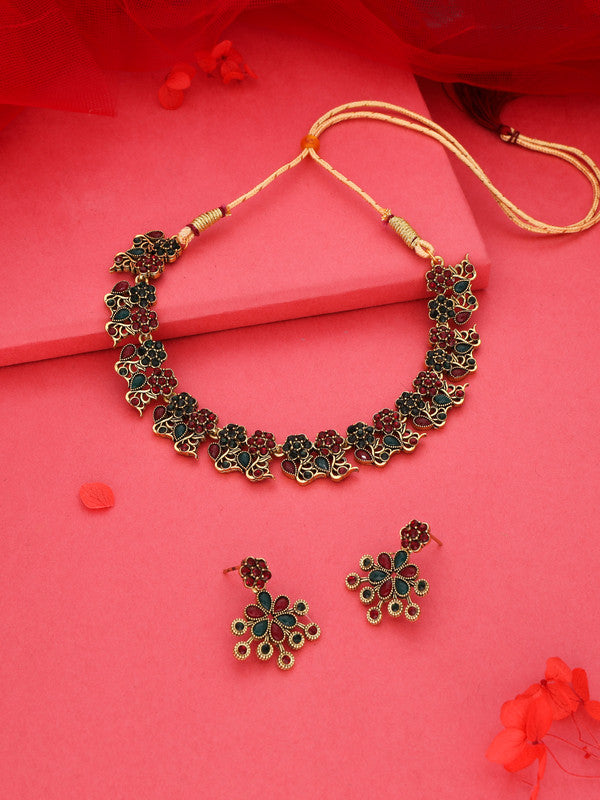 Tehzeeb Creations Luxurious Gold Polished Maroon & Green Colour Diamond Choker Necklace Set With Matching Earrings - Swadesiicart