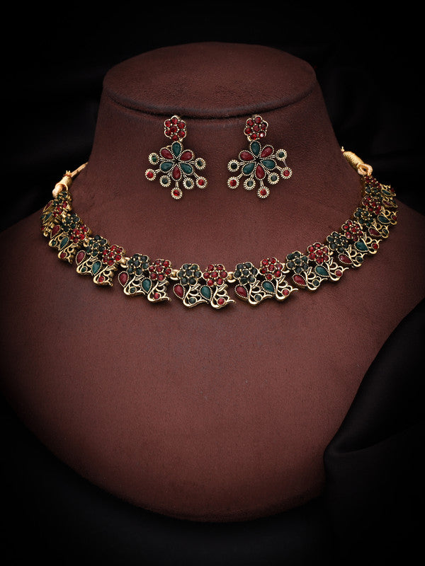 Tehzeeb Creations Luxurious Gold Polished Maroon & Green Colour Diamond Choker Necklace Set With Matching Earrings - Swadesiicart