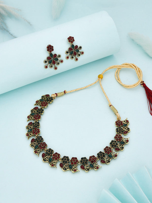 Tehzeeb Creations Luxurious Gold Polished Maroon & Green Colour Diamond Choker Necklace Set With Matching Earrings - Swadesiicart