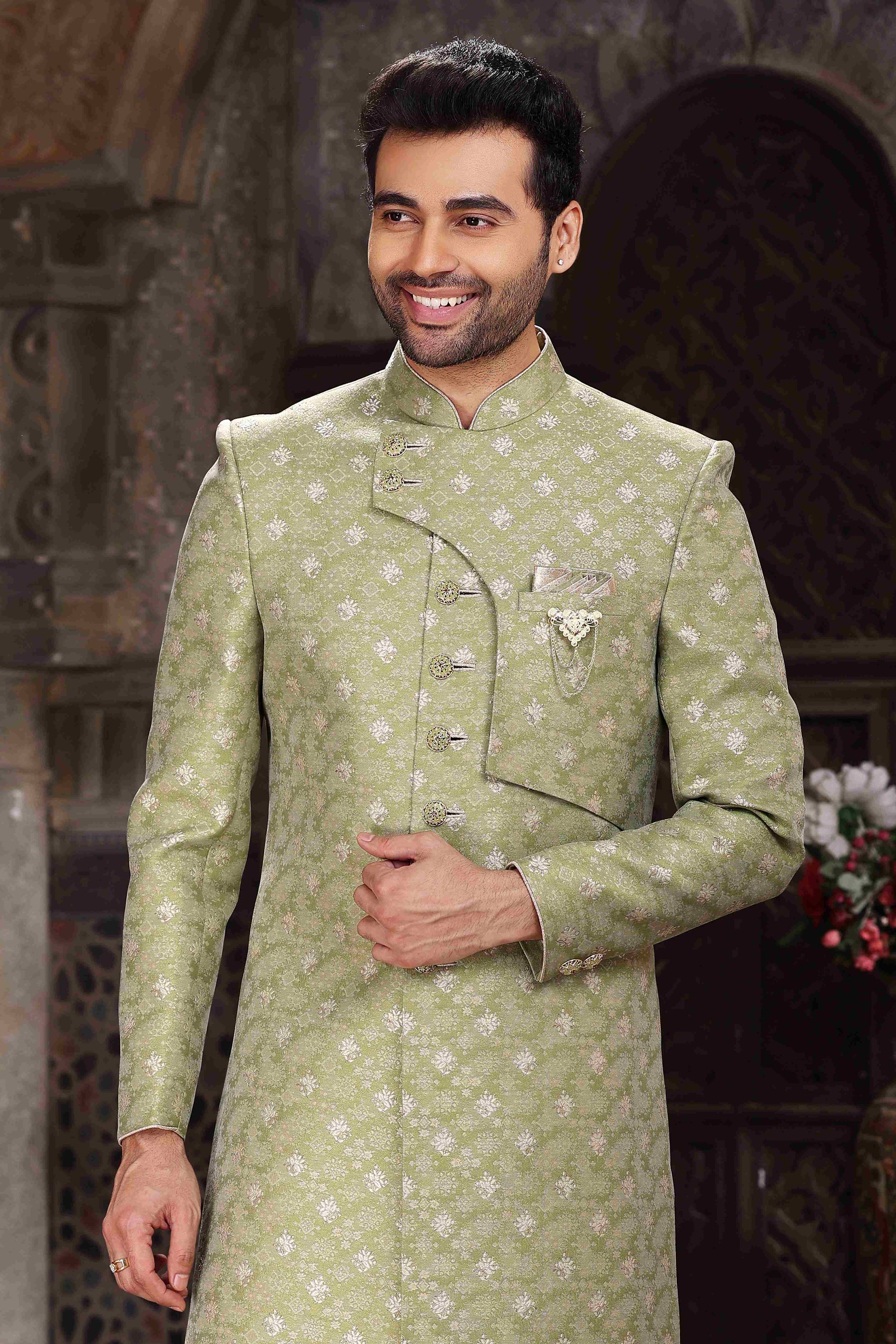 Raivat Ethnic Banarasi Jacquard Woven Work Indo Western Sherwani In Green Colour | Swadesiicart