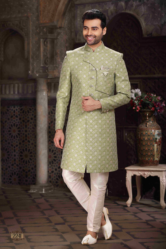 Raivat Ethnic Banarasi Jacquard Woven Work Indo Western Sherwani In Green Colour | Swadesiicart