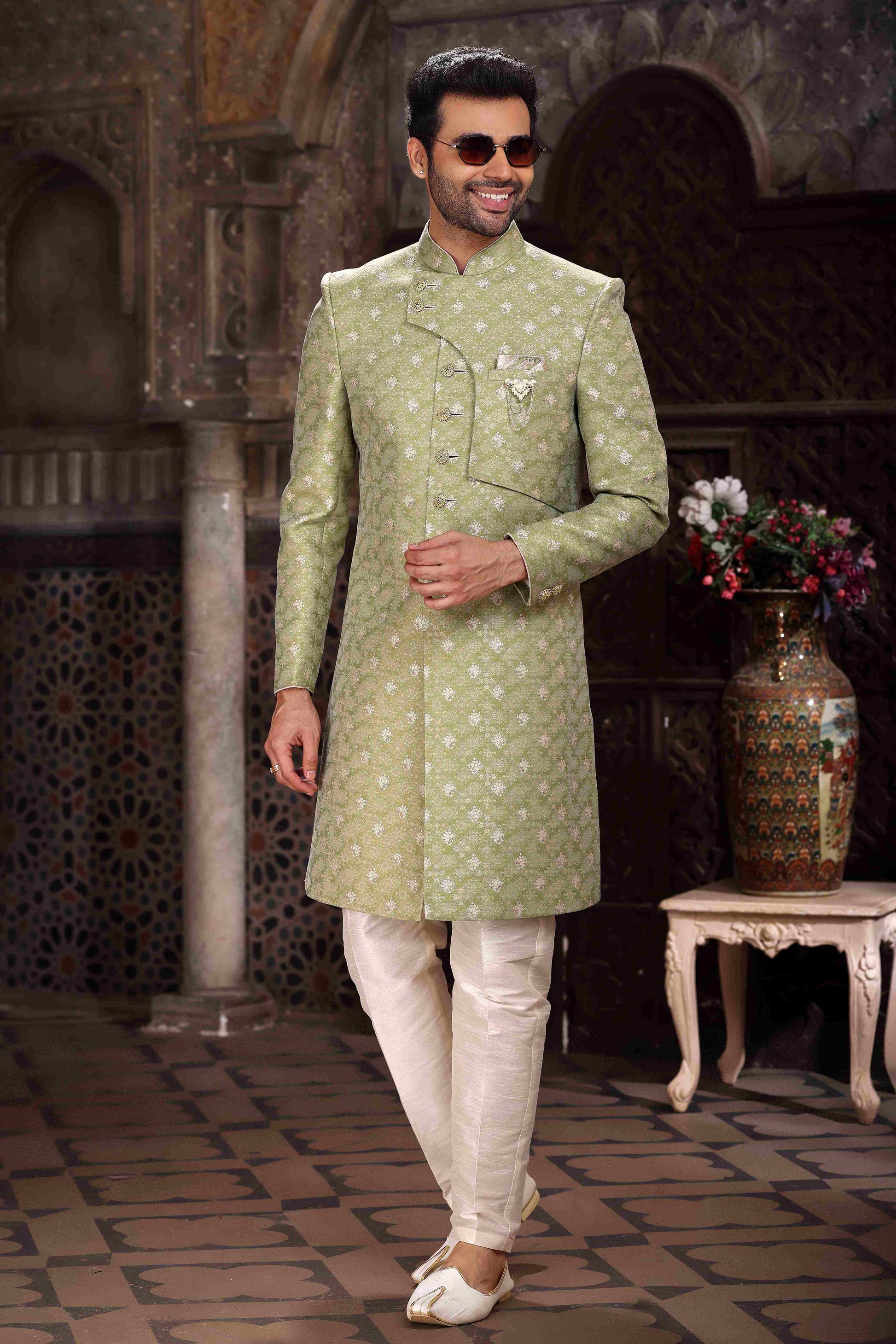 Raivat Ethnic Banarasi Jacquard Woven Work Indo Western Sherwani In Green Colour | Swadesiicart