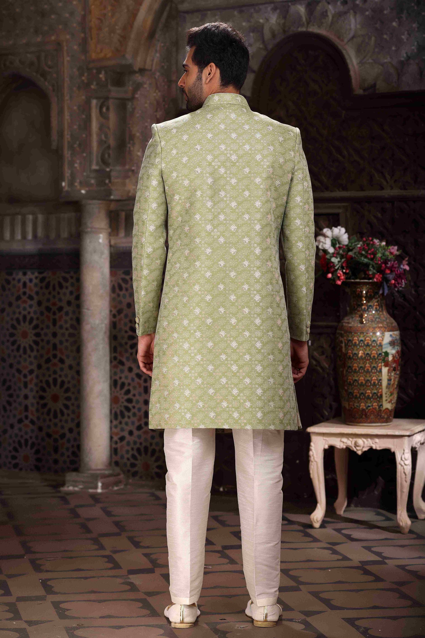 Raivat Ethnic Banarasi Jacquard Woven Work Indo Western Sherwani In Green Colour | Swadesiicart