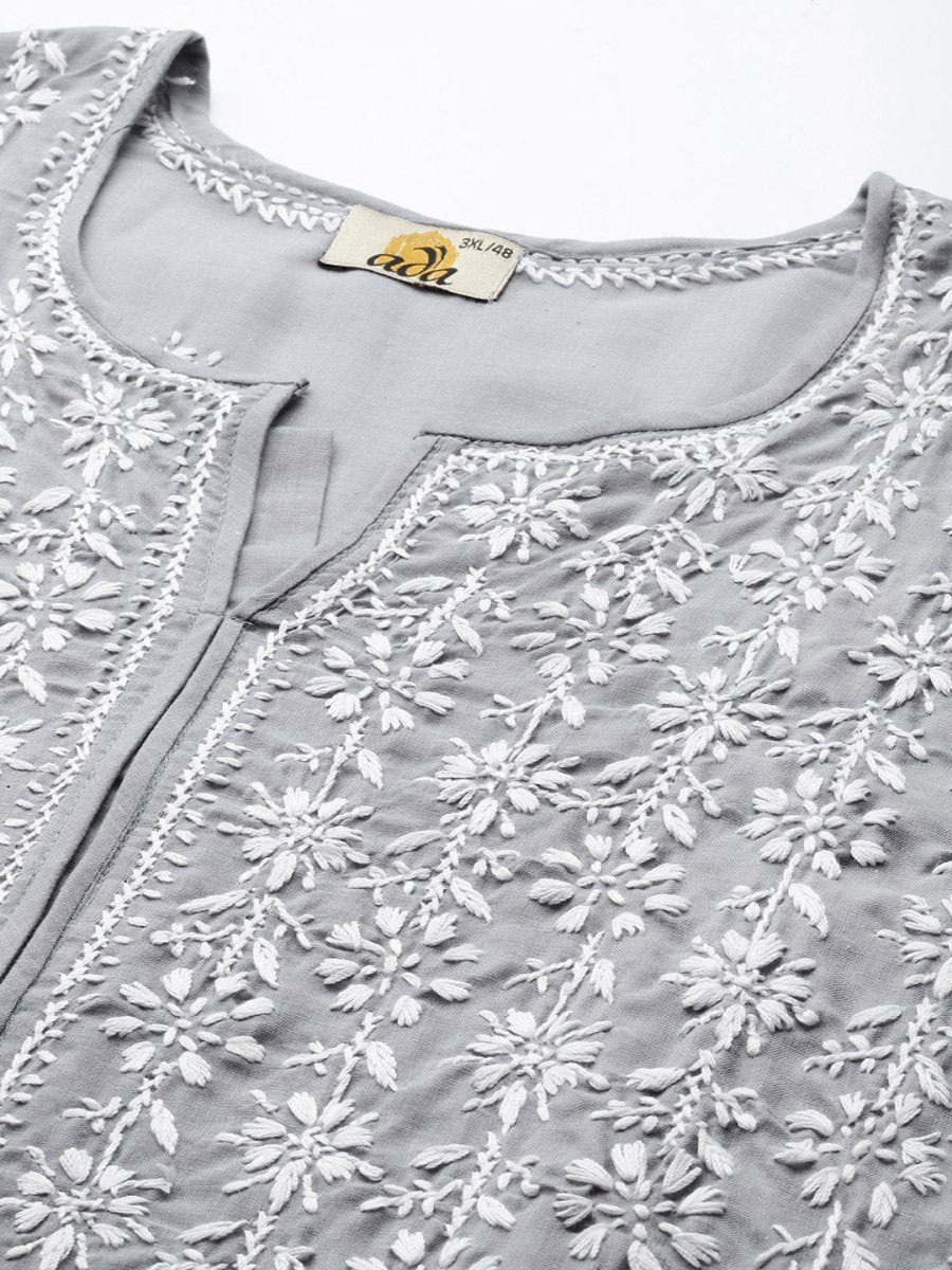 ADA Women Plus Size Grey Floral Embroidered Chikankari Kurta | Swadesiicart