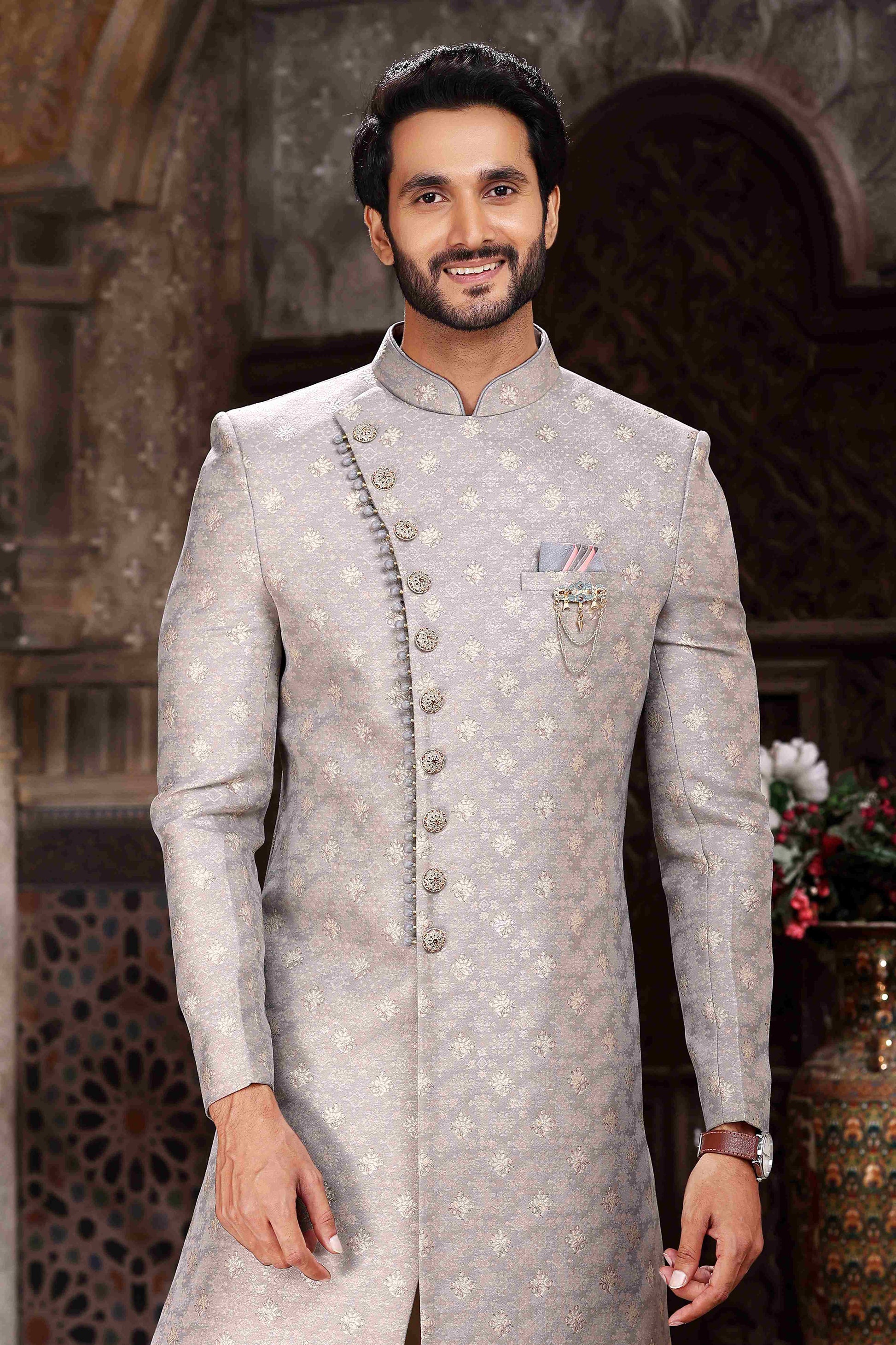 Raivat Ethnic Banarasi Jacquard Woven Work Indo Western Sherwani In Grey Colour | Swadesiicart