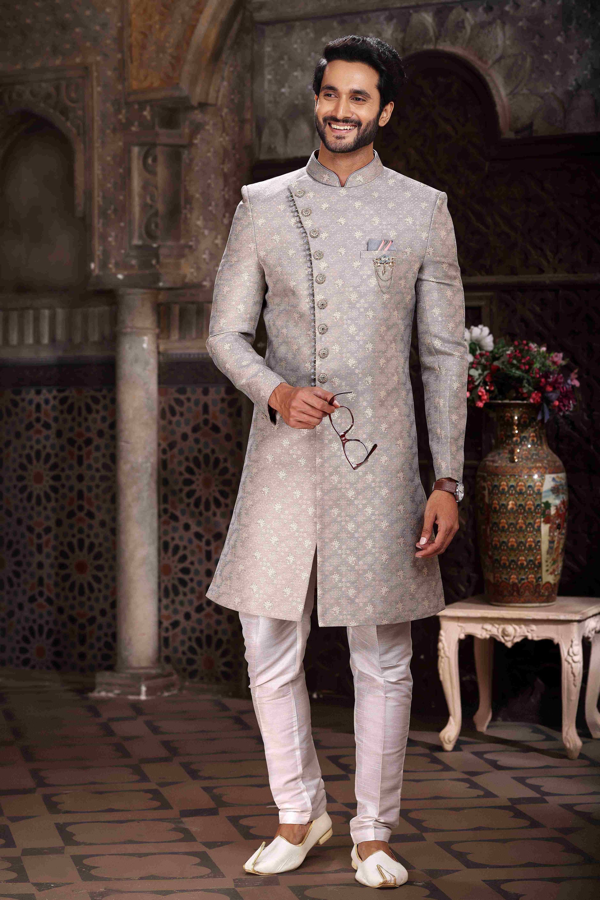 Raivat Ethnic Banarasi Jacquard Woven Work Indo Western Sherwani In Grey Colour | Swadesiicart