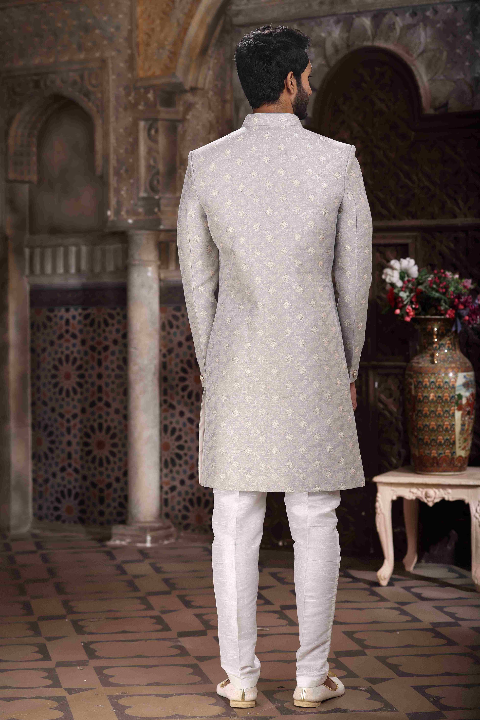 Raivat Ethnic Banarasi Jacquard Woven Work Indo Western Sherwani In Grey Colour | Swadesiicart