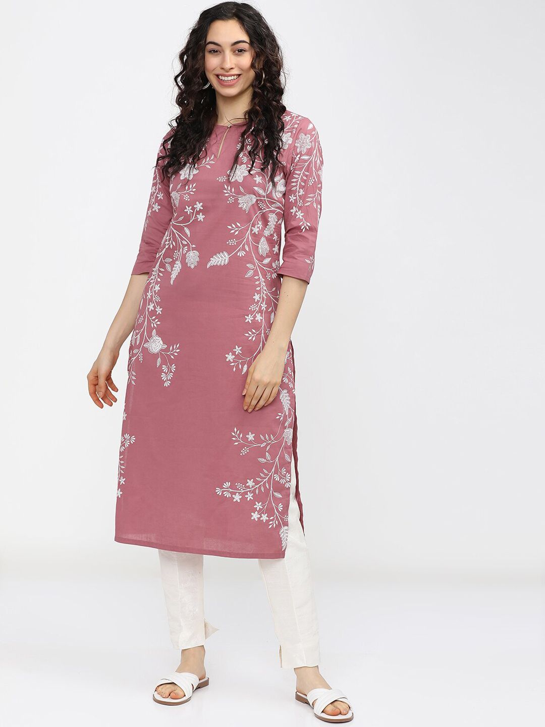 Vishudh Woman Pink Floral Printed Keyhole Neck Kurta - Swadesiicart