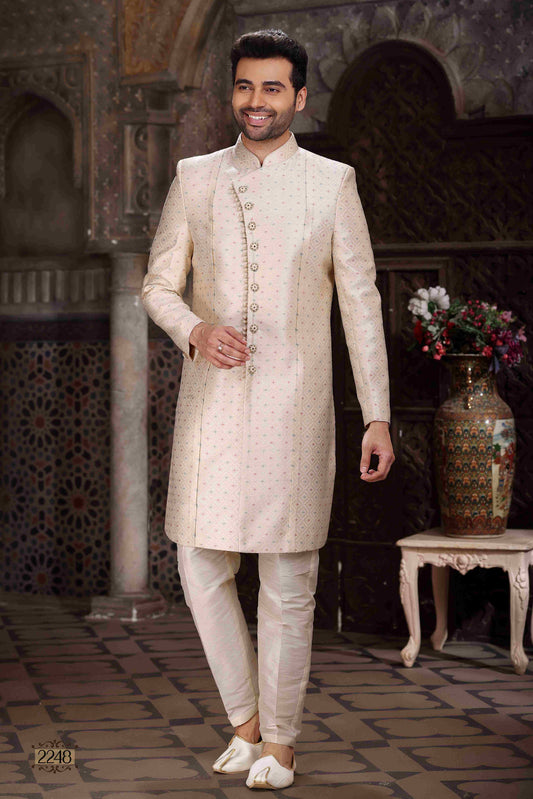 Raivat Ethnic Banarasi Jacquard Woven Work Indo Western Sherwani In Cream Colour | Swadesiicart