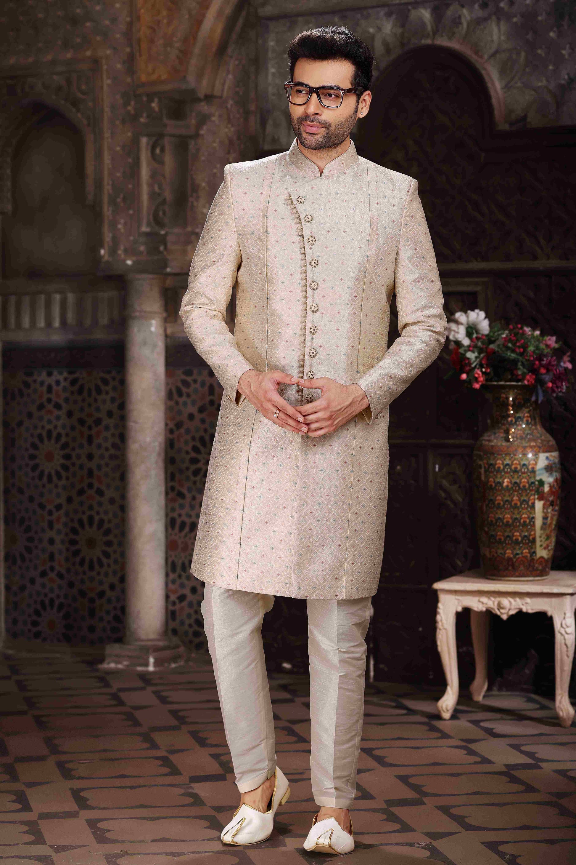 Raivat Ethnic Banarasi Jacquard Woven Work Indo Western Sherwani In Cream Colour | Swadesiicart
