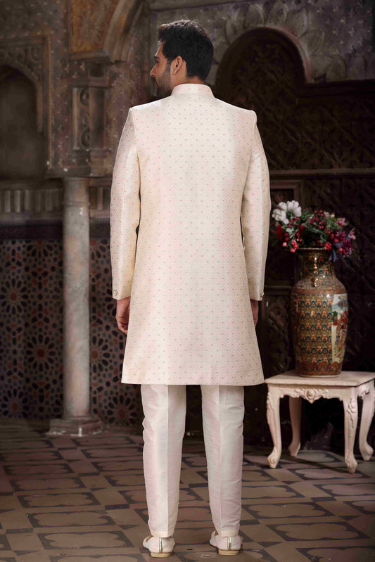 Raivat Ethnic Banarasi Jacquard Woven Work Indo Western Sherwani In Cream Colour | Swadesiicart