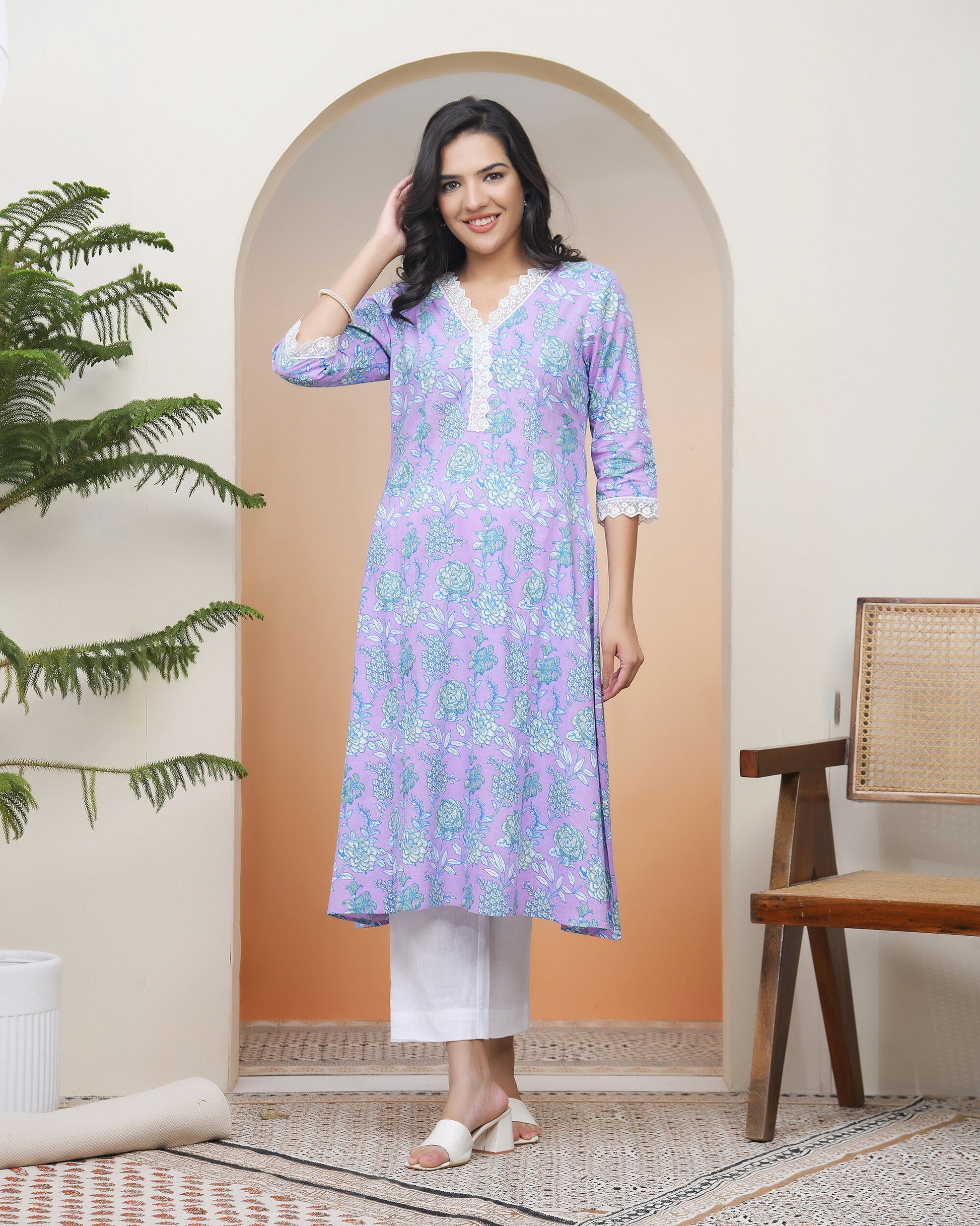 Vaasva Women Lavender Floral Cotton Printed Flare Kurti - Swadesiicart