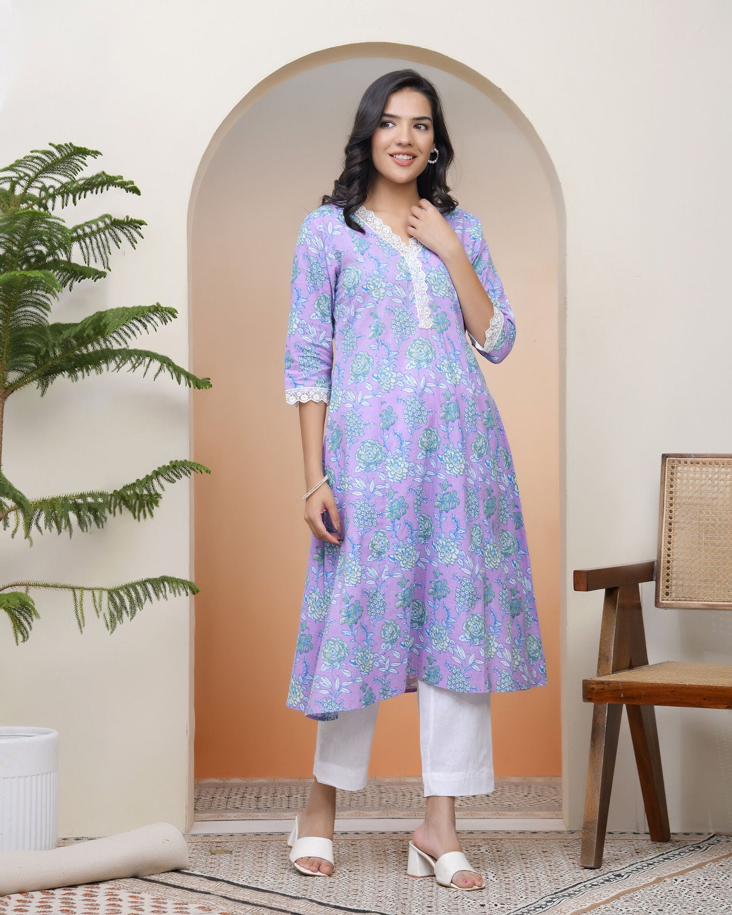 Vaasva Women Lavender Floral Cotton Printed Flare Kurti - Swadesiicart