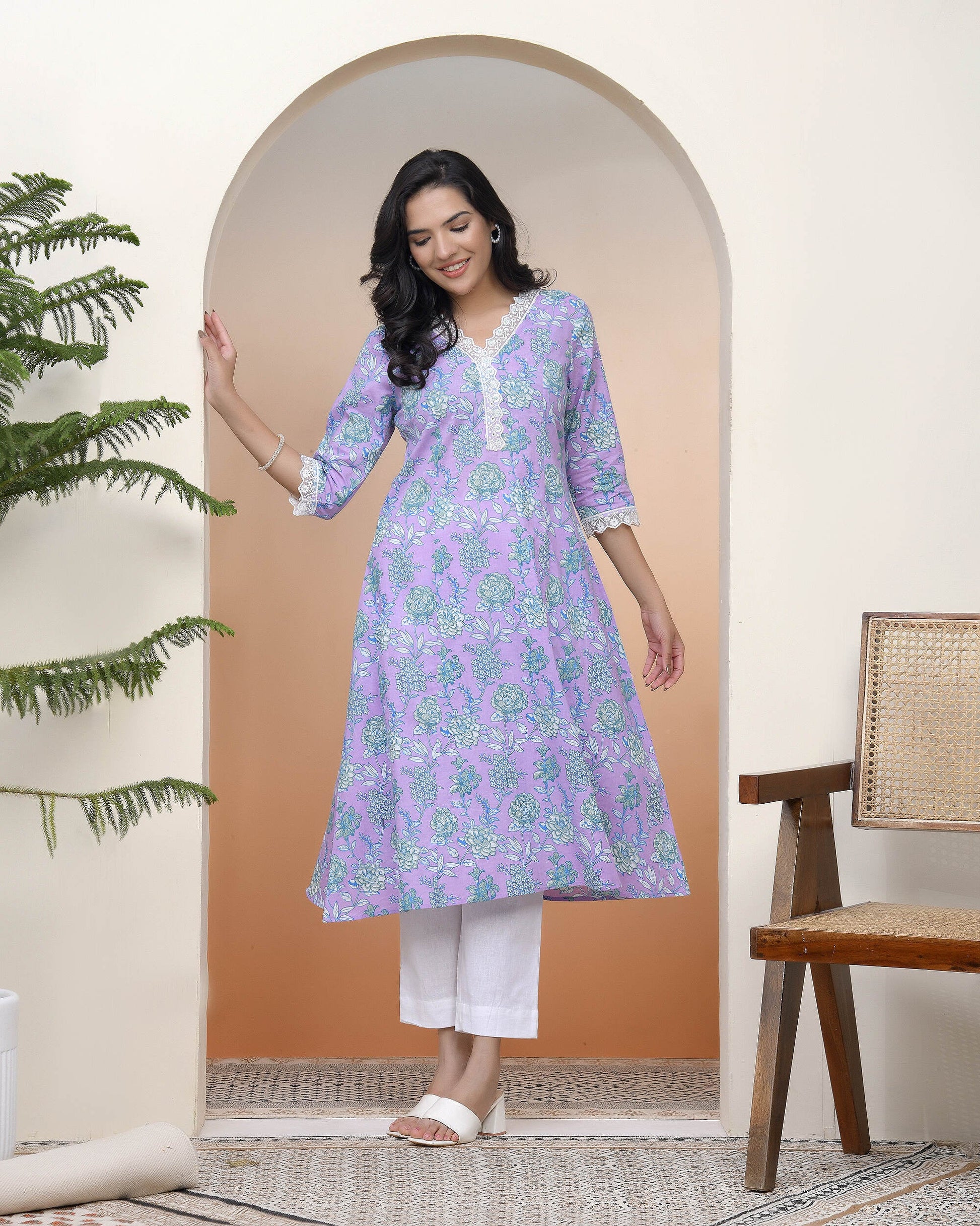 Vaasva Women Lavender Floral Cotton Printed Flare Kurti - Swadesiicart