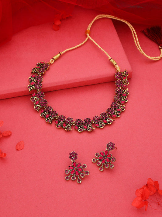 Tehzeeb Creations Luxurious Gold Polished Pink Colour Diamond Choker Necklace Set With Matching Earrings - Swadesiicart