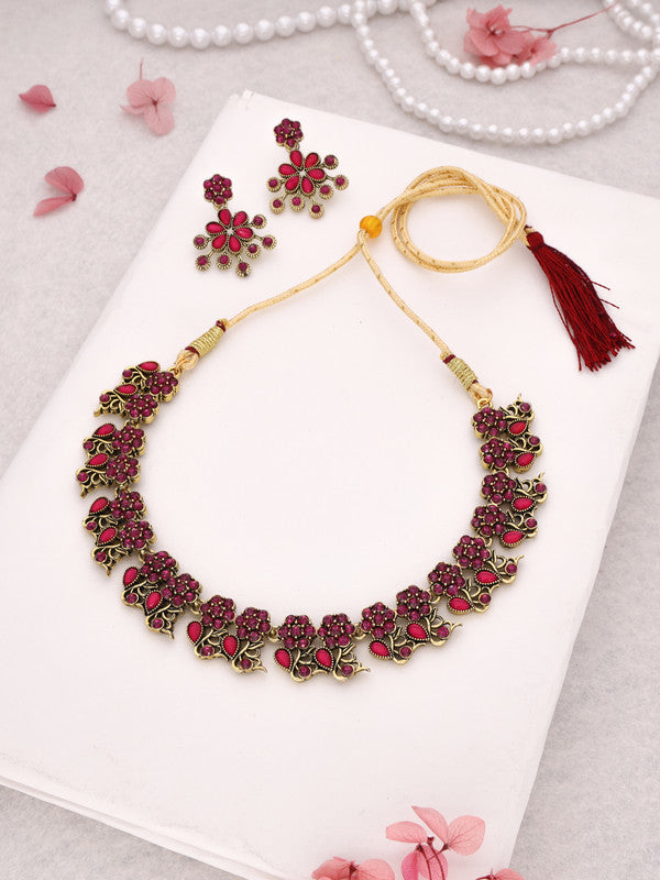 Tehzeeb Creations Luxurious Gold Polished Pink Colour Diamond Choker Necklace Set With Matching Earrings - Swadesiicart