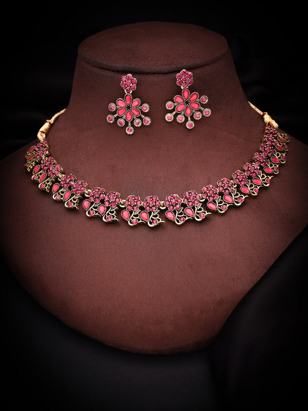 Tehzeeb Creations Luxurious Gold Polished Pink Colour Diamond Choker Necklace Set With Matching Earrings - Swadesiicart