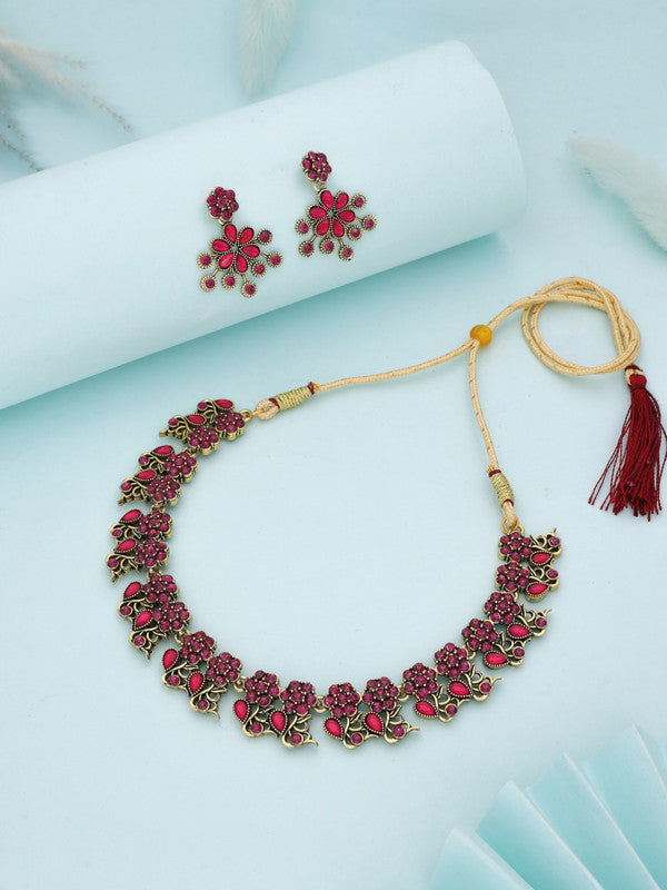 Tehzeeb Creations Luxurious Gold Polished Pink Colour Diamond Choker Necklace Set With Matching Earrings - Swadesiicart