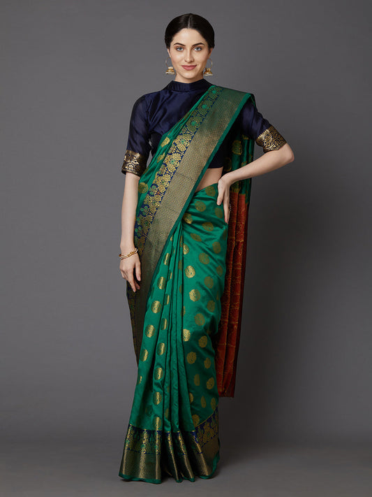 Mitera Green & Gold-Toned Silk Blend Woven Design Banarasi Saree | Swadesiicart