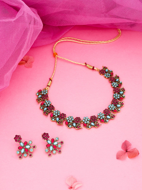 Tehzeeb Creations Luxurious Gold Polished Pink & Sky Blue Colour Diamond Choker Necklace Set With Matching Earrings - Swadesiicart
