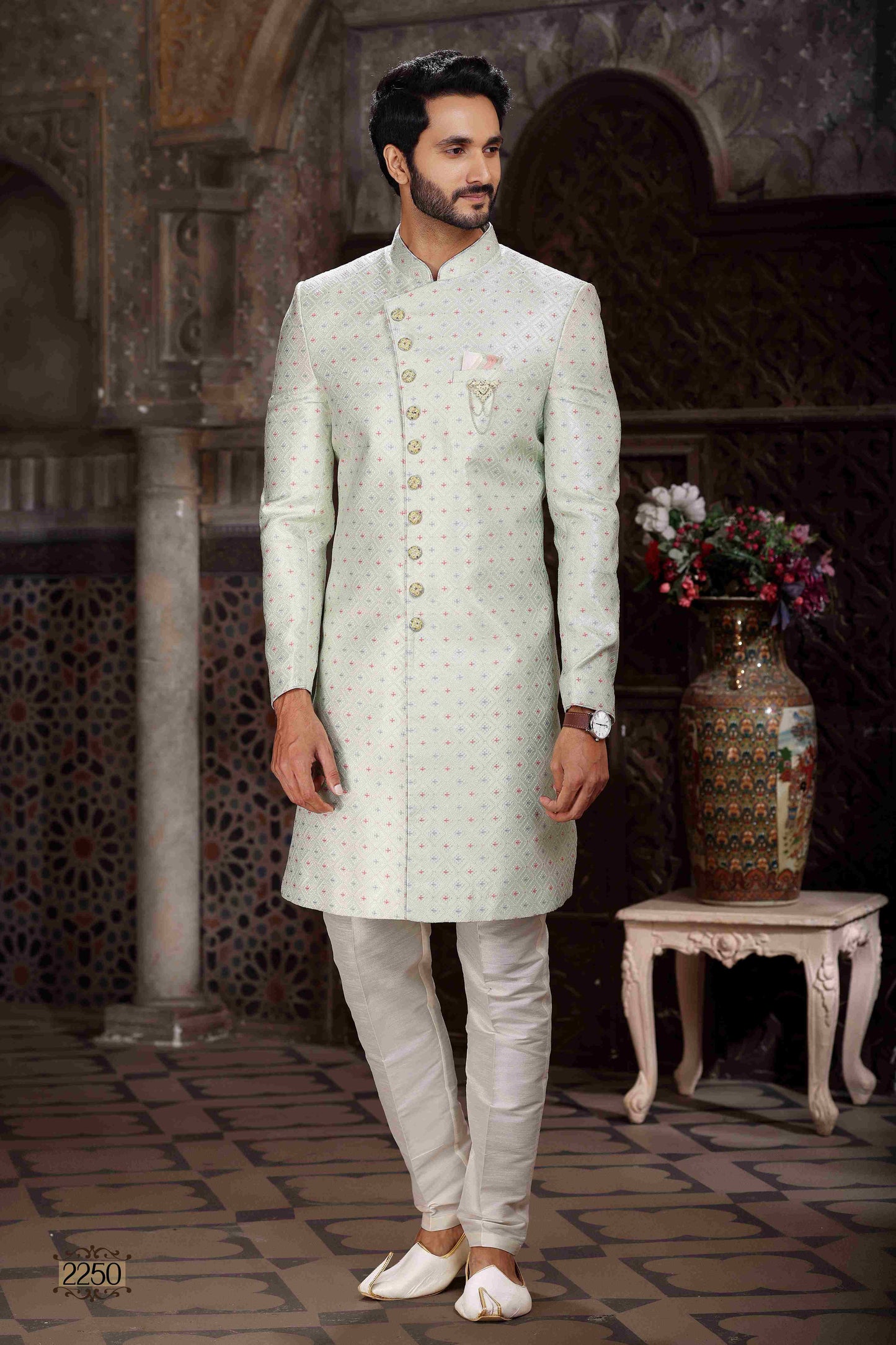 Raivat Ethnic Banarasi Jacquard Woven Work Indo Western Sherwani In Pista Green Colour | Swadesiicart