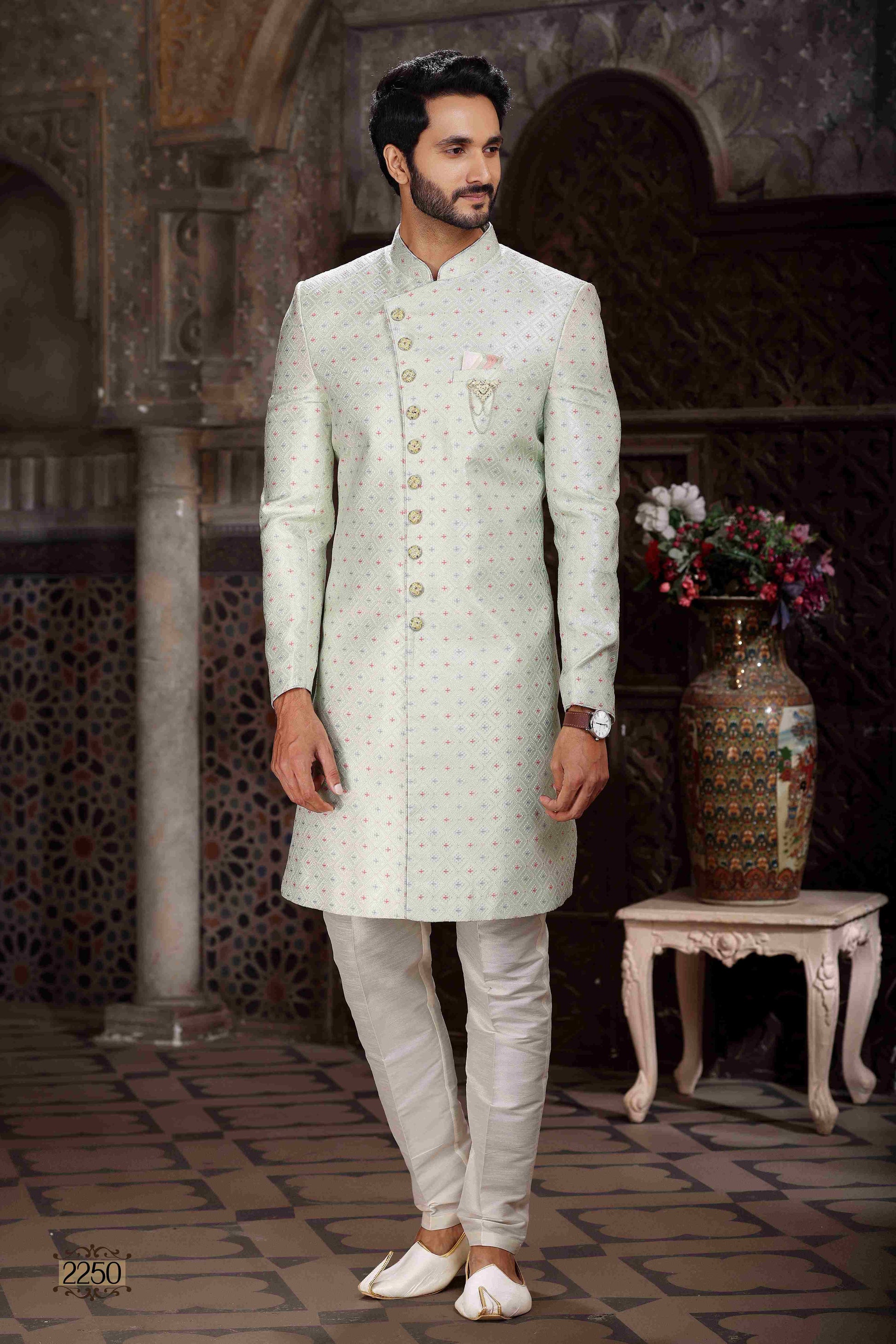 Raivat Ethnic Banarasi Jacquard Woven Work Indo Western Sherwani In Pista Green Colour | Swadesiicart