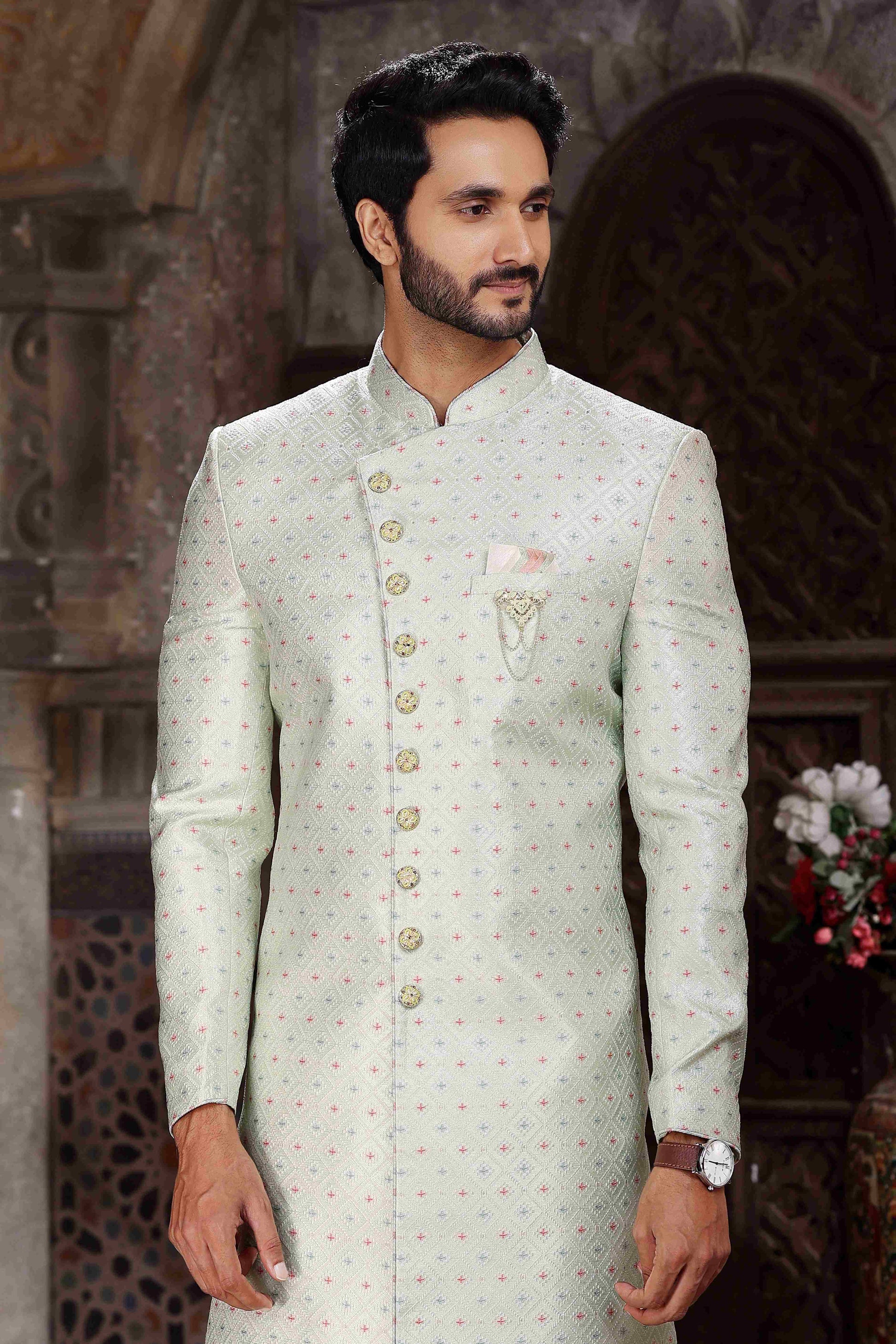 Raivat Ethnic Banarasi Jacquard Woven Work Indo Western Sherwani In Pista Green Colour | Swadesiicart