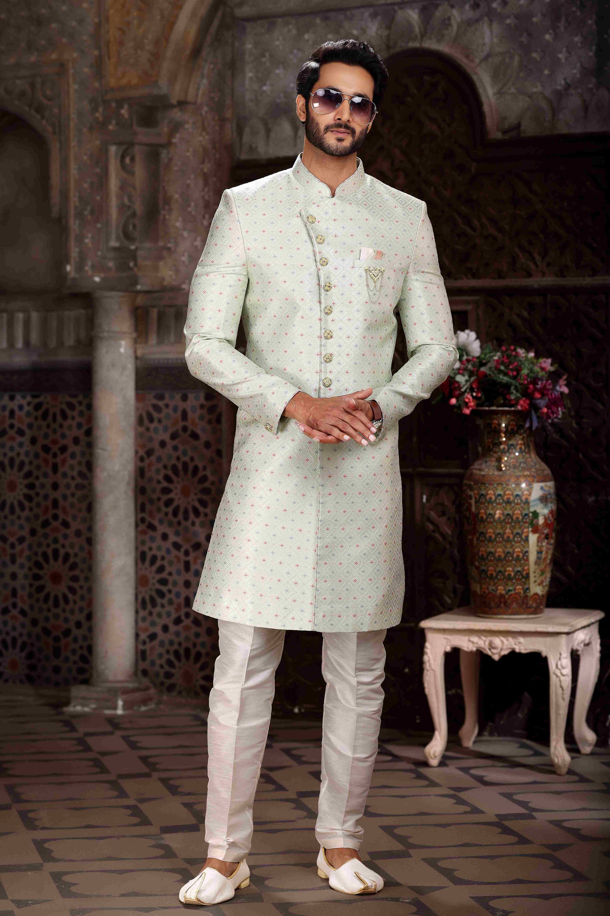 Raivat Ethnic Banarasi Jacquard Woven Work Indo Western Sherwani In Pista Green Colour | Swadesiicart