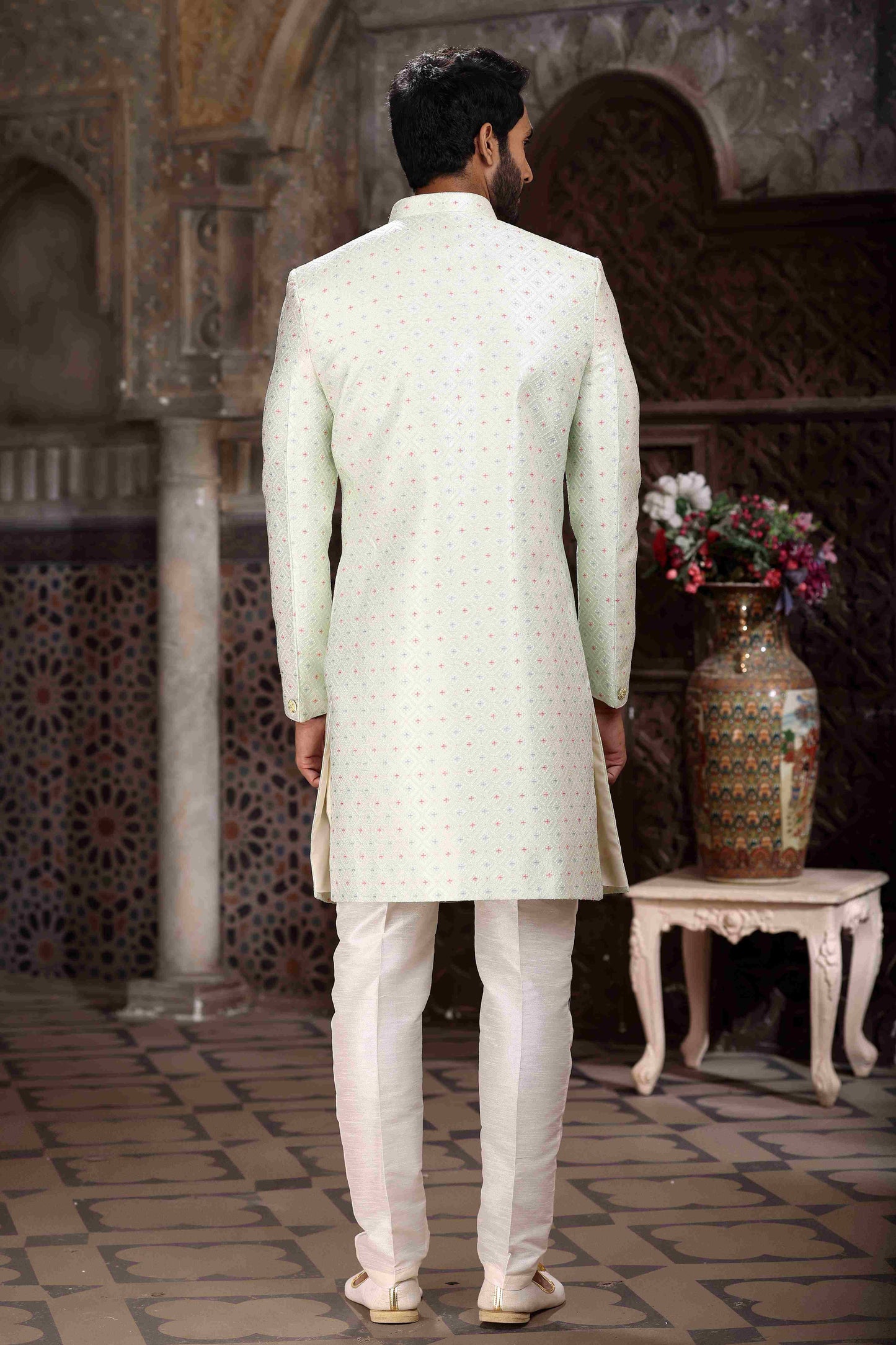 Raivat Ethnic Banarasi Jacquard Woven Work Indo Western Sherwani In Pista Green Colour | Swadesiicart
