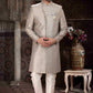 Raivat Ethnic Banarasi Jacquard Woven Work Indo Western Sherwani In Light Grey Colour | Swadesiicart