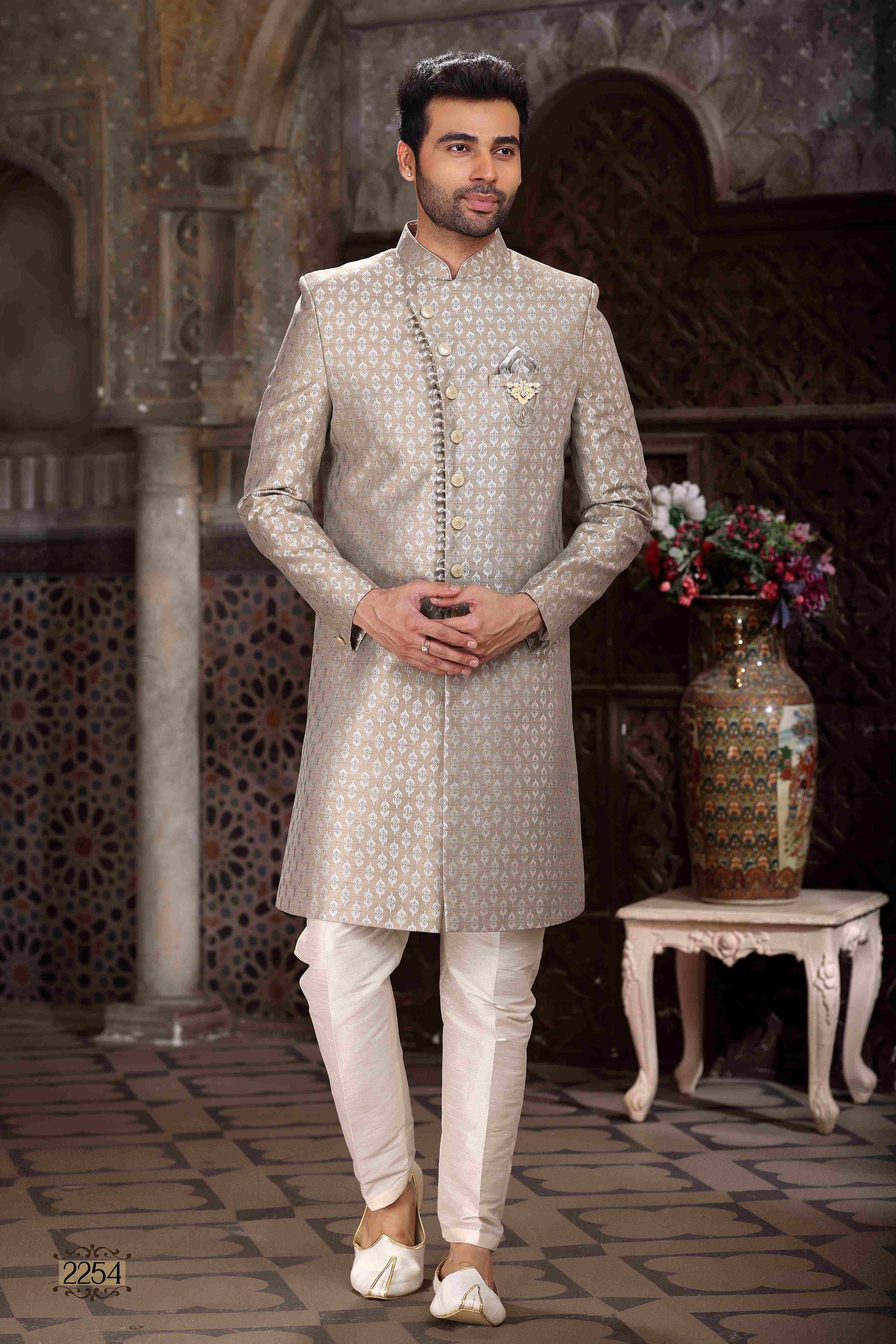 Raivat Ethnic Banarasi Jacquard Woven Work Indo Western Sherwani In Light Grey Colour | Swadesiicart