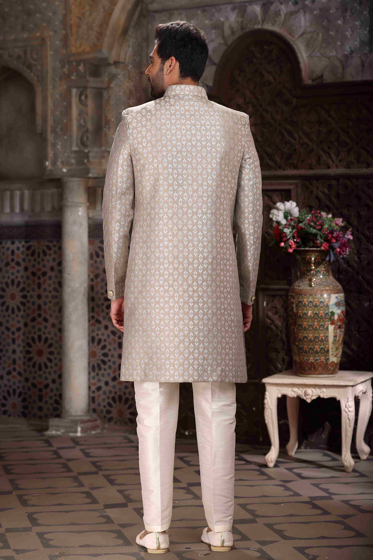 Raivat Ethnic Banarasi Jacquard Woven Work Indo Western Sherwani In Light Grey Colour | Swadesiicart