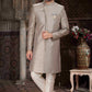 Raivat Ethnic Banarasi Jacquard Woven Work Indo Western Sherwani In Light Grey Colour | Swadesiicart