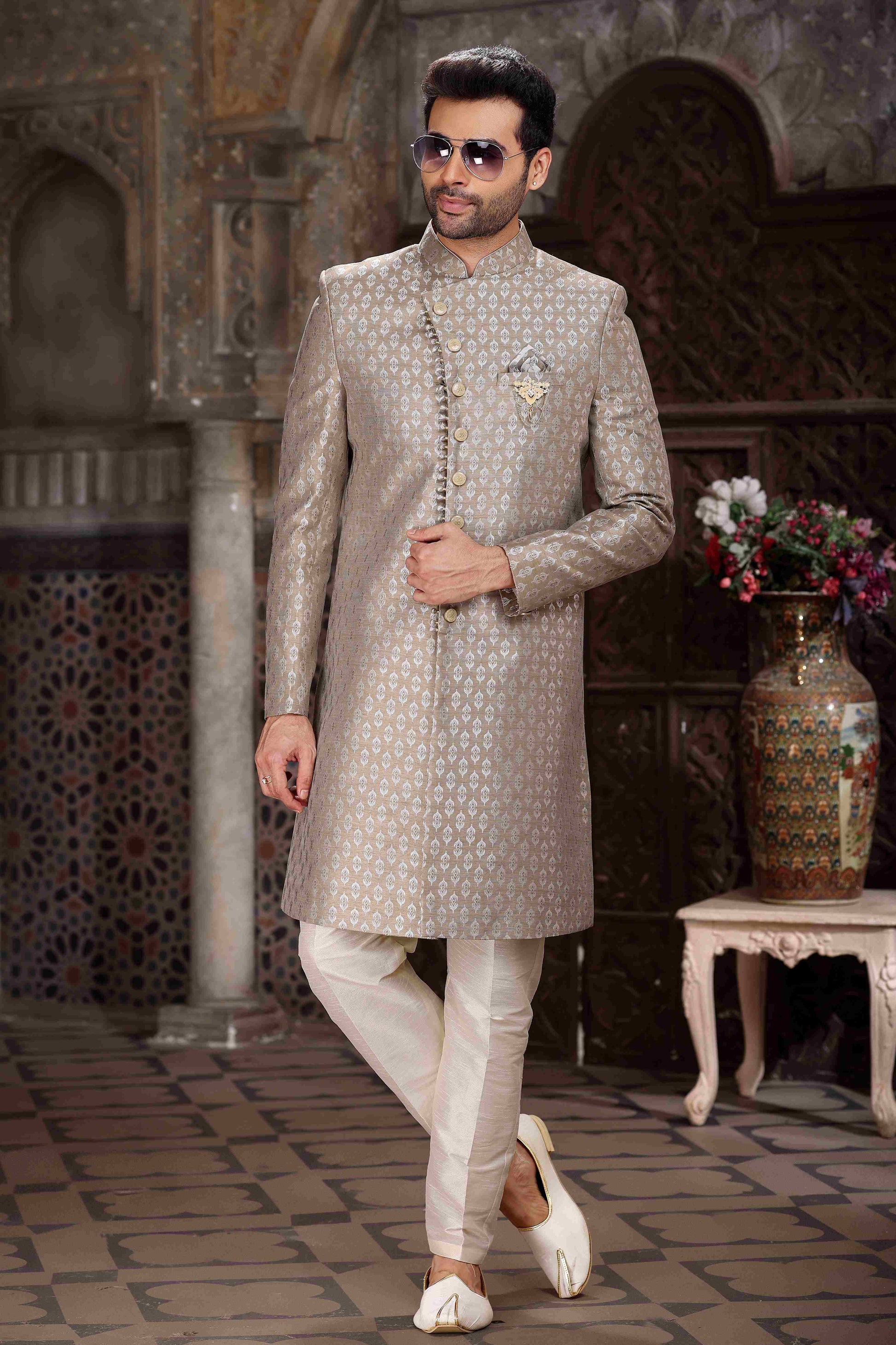 Raivat Ethnic Banarasi Jacquard Woven Work Indo Western Sherwani In Light Grey Colour | Swadesiicart