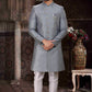 Raivat Ethnic Banarasi Jacquard Woven Work Indo Western Sherwani In Grey Colour | Swadesiicart