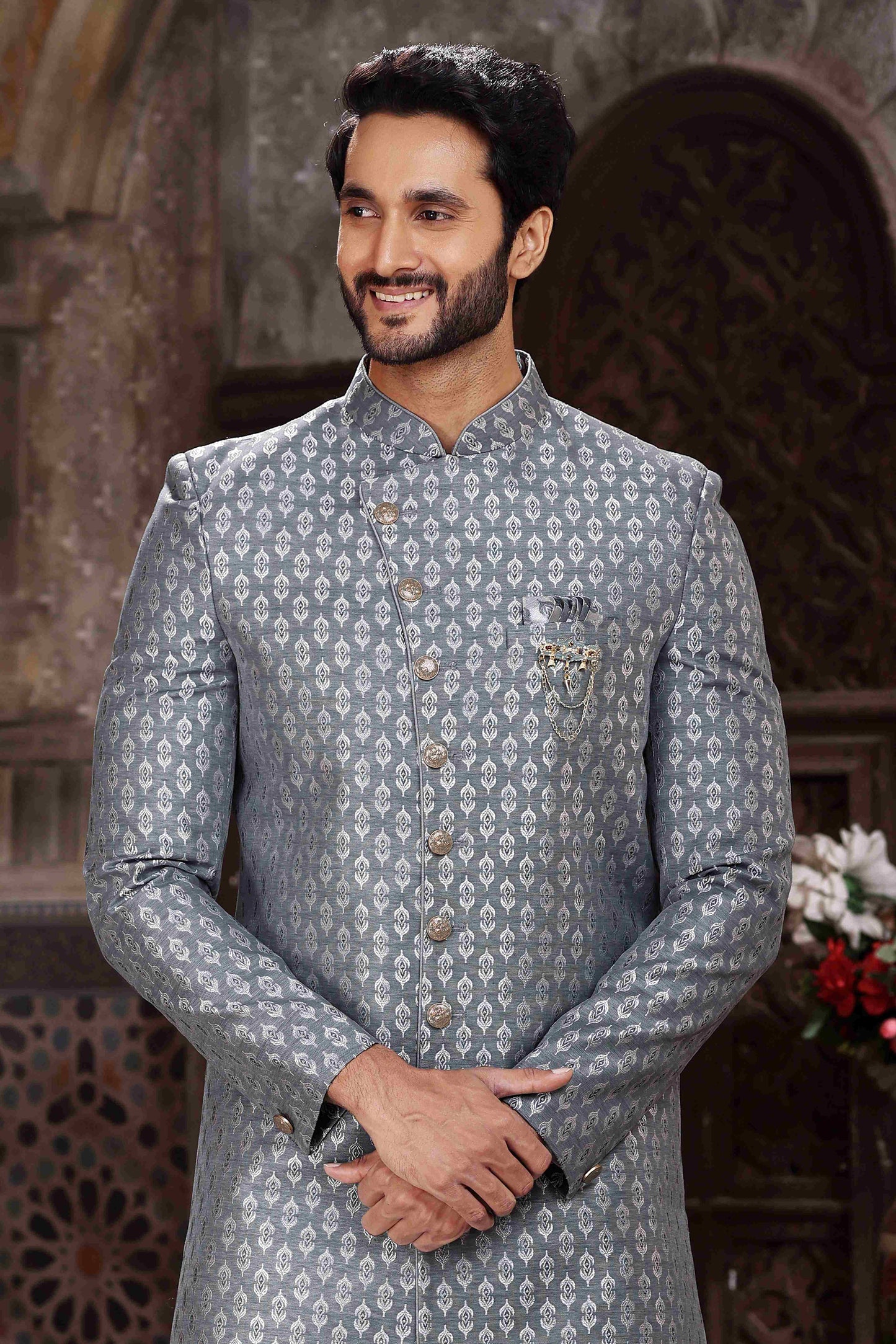 Raivat Ethnic Banarasi Jacquard Woven Work Indo Western Sherwani In Grey Colour | Swadesiicart
