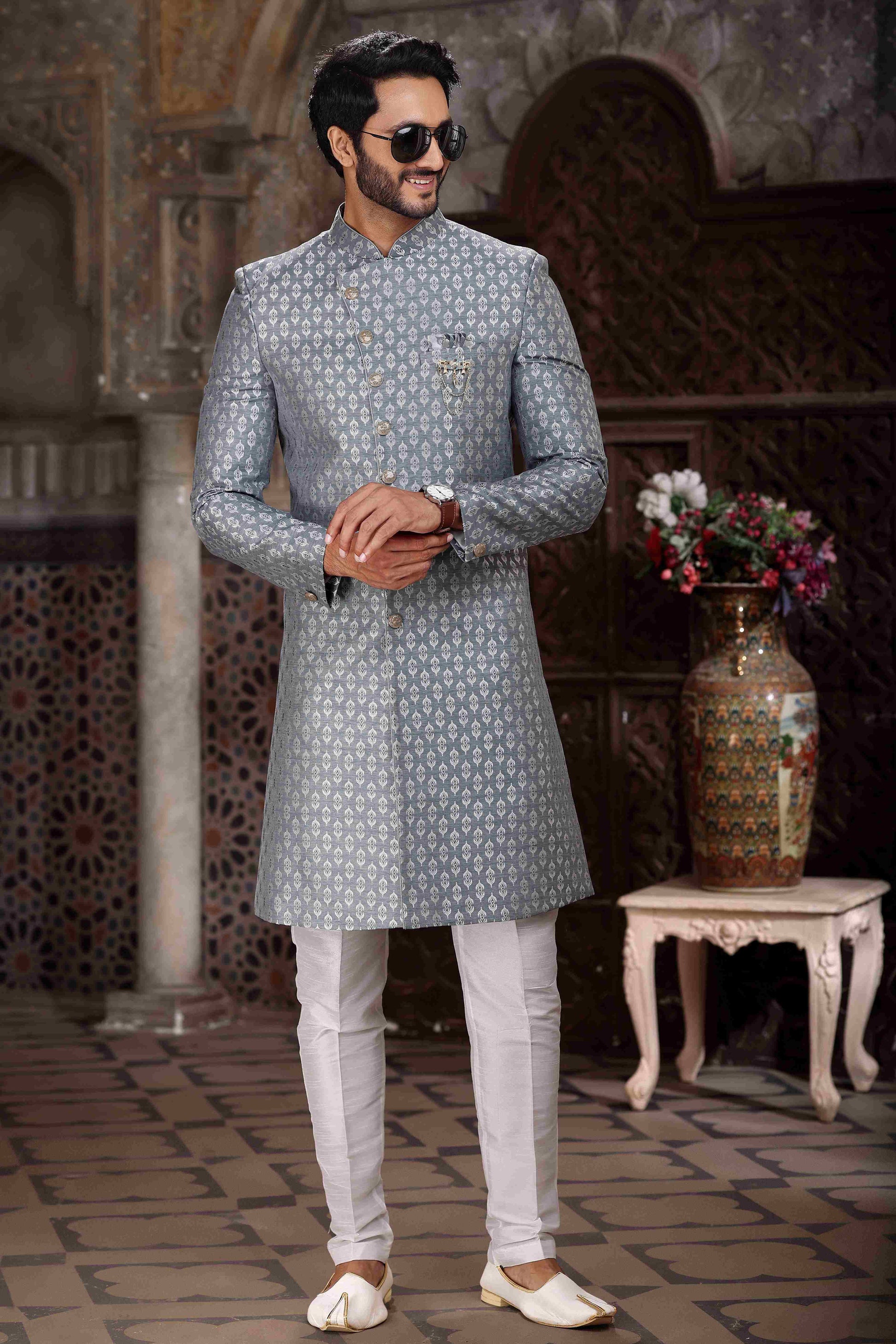 Raivat Ethnic Banarasi Jacquard Woven Work Indo Western Sherwani In Grey Colour | Swadesiicart