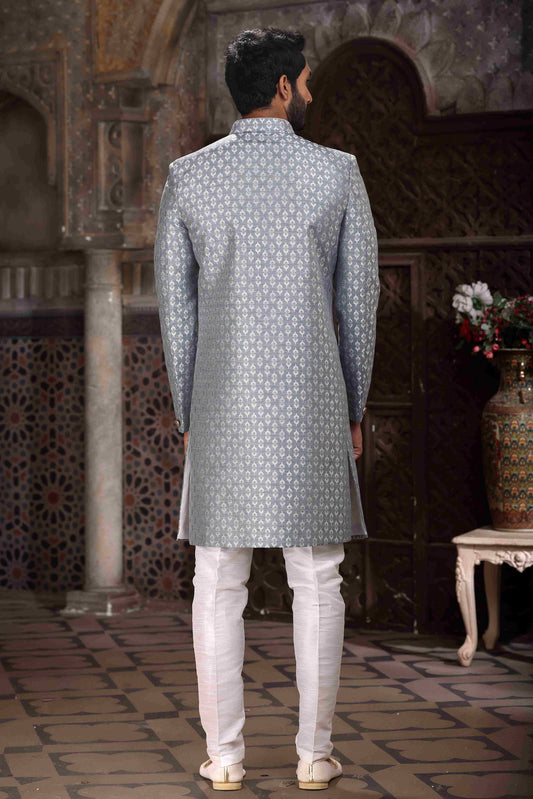 Raivat Ethnic Banarasi Jacquard Woven Work Indo Western Sherwani In Grey Colour | Swadesiicart
