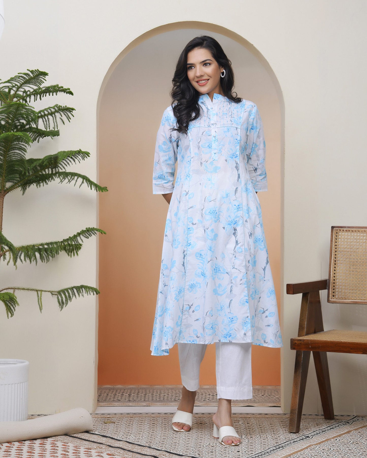 Vaasva Women White Floral Cotton Printed Flare Kurti | Swadesiicart